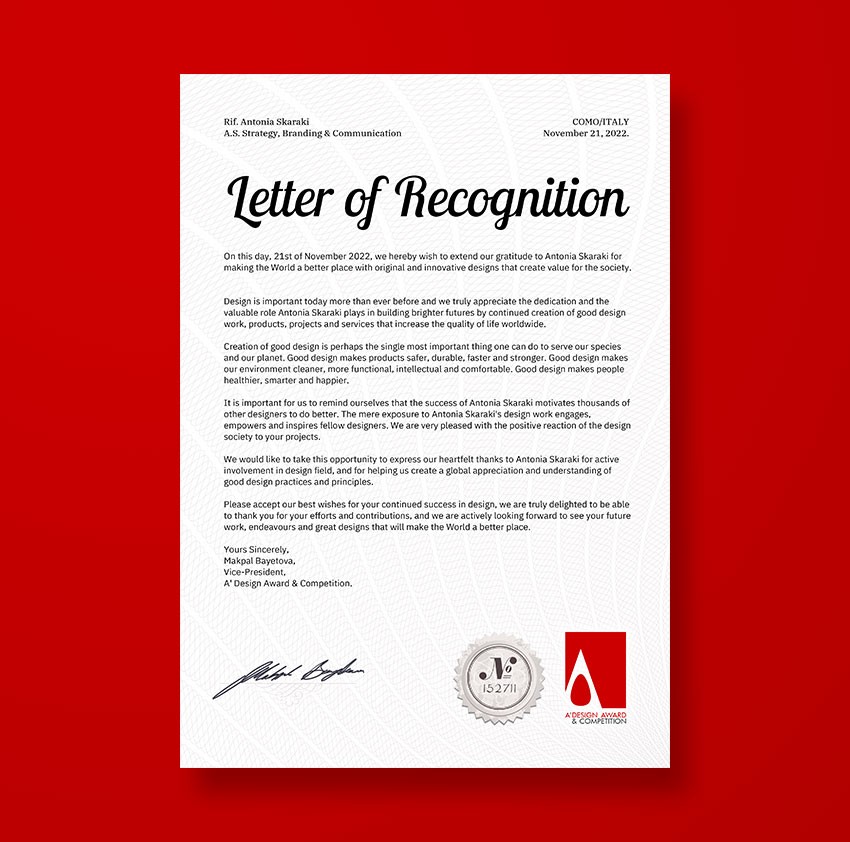 Antonia Skaraki receives a letter of recognition from A' Design Awards